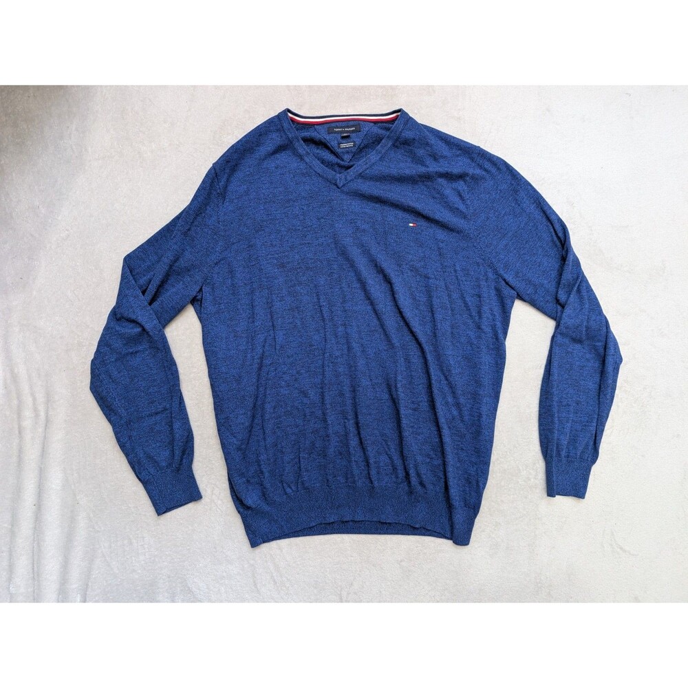 Tommy Hilfiger Knit Sweater Jumper Men 2XL XXL V-Neck Long Sleeve Cotton Blue